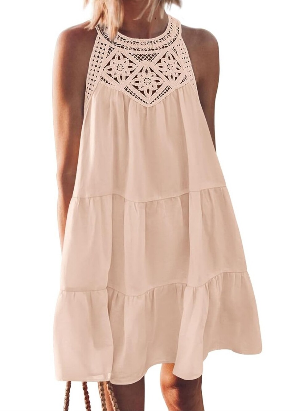 XL Crochet Yoke Tiered Sleeveless Beach Boho Festival Dress Light Pink Peach